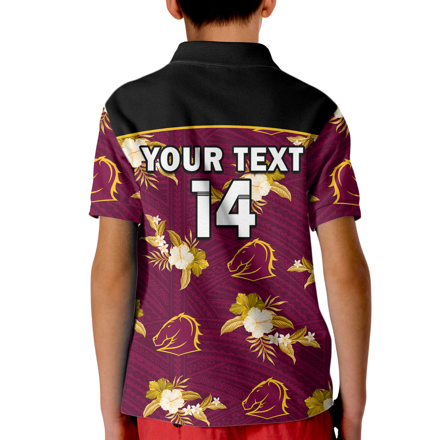 (Custom Text And Number) Broncos Rugby Kid Polo Shirt Polynesian Tribal Mix Tropical Hawaiian Style - Vibe Hoodie Shop