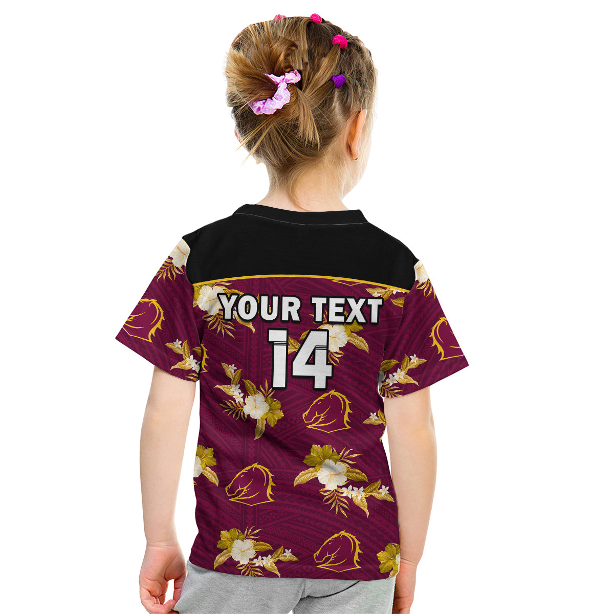 (Custom Text And Number) Broncos Rugby Kid T Shirt Polynesian Tribal Mix Tropical Hawaiian Style - Vibe Hoodie Shop