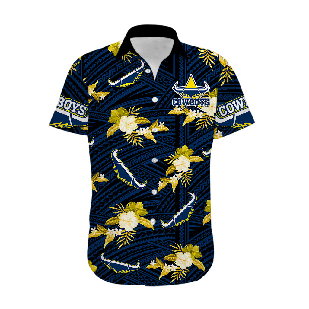 (Custom Text And Number) Cowboys Rugby Hawaiian Shirt Polynesian Tribal Mix Tropical Hawaiian Blue Style - Vibe Hoodie Shop