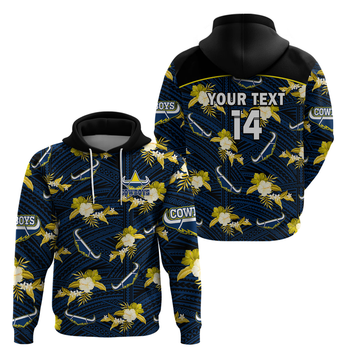 (Custom Text And Number) Cowboys Rugby Hoodie Polynesian Tribal Mix Tropical Hawaiian Blue Style - Vibe Hoodie Shop