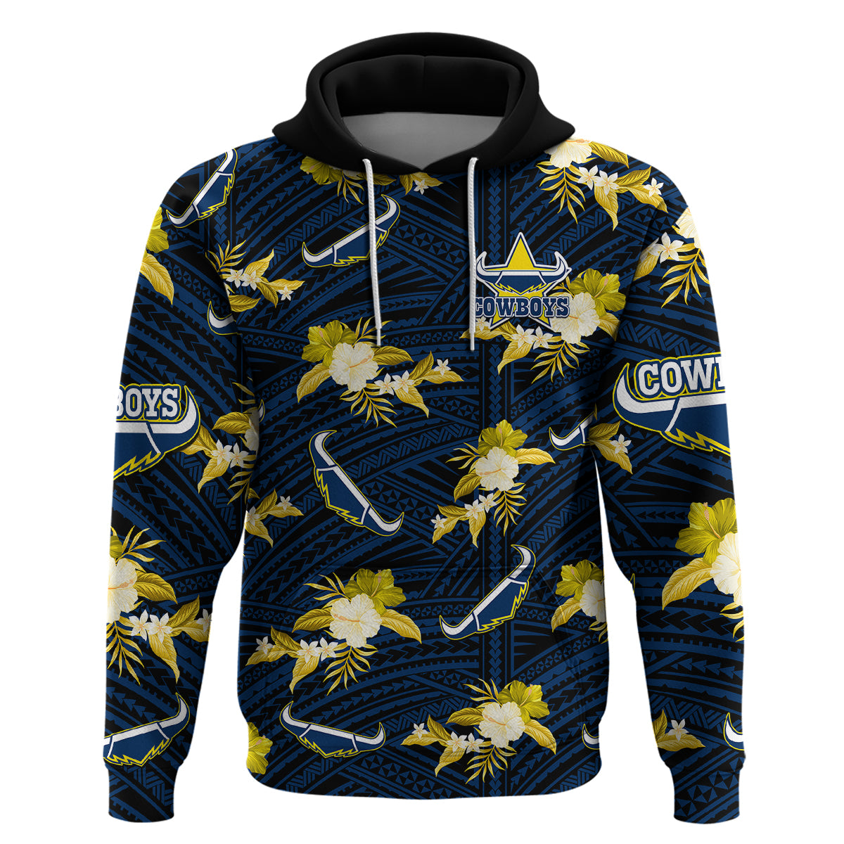 (Custom Text And Number) Cowboys Rugby Hoodie Polynesian Tribal Mix Tropical Hawaiian Blue Style - Vibe Hoodie Shop