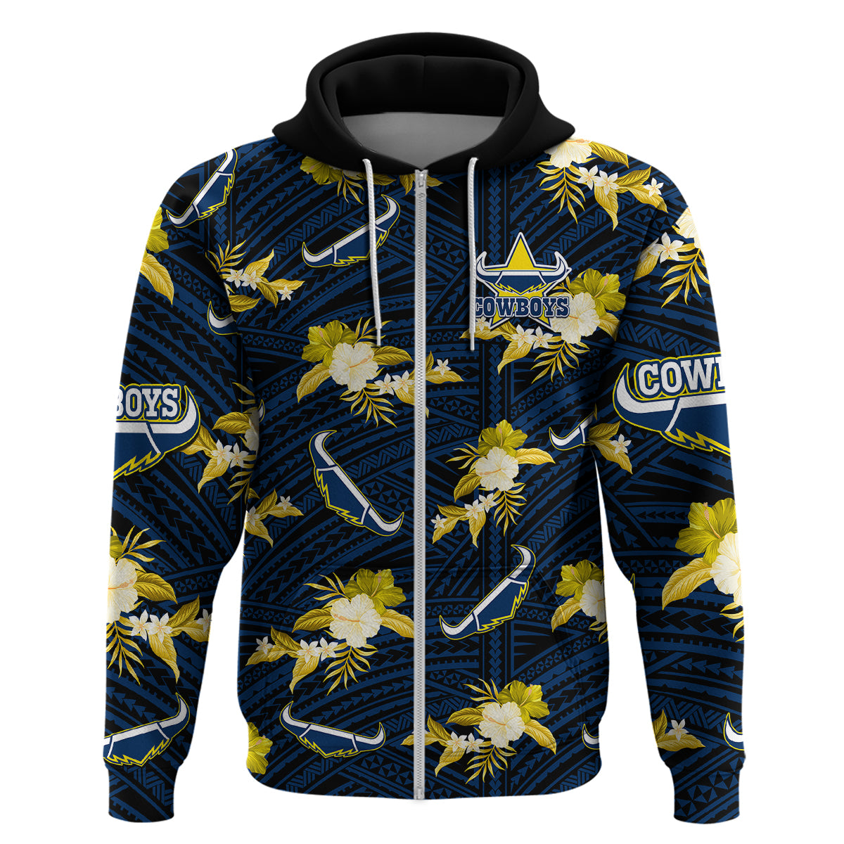 (Custom Text And Number) Cowboys Rugby Hoodie Polynesian Tribal Mix Tropical Hawaiian Blue Style - Vibe Hoodie Shop