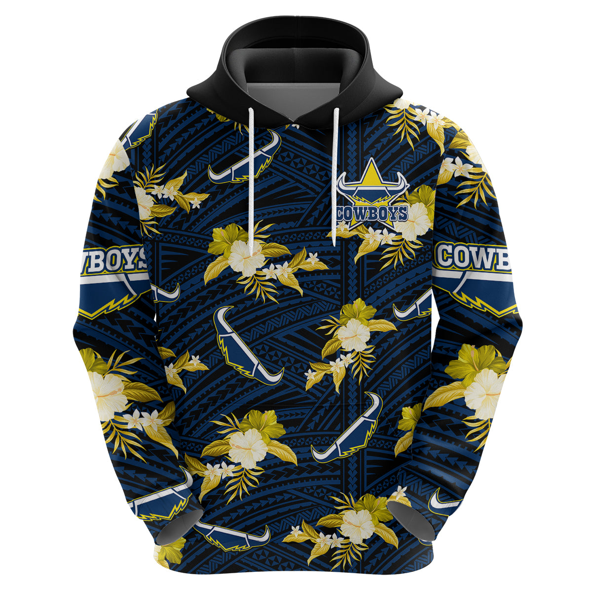 (Custom Text And Number) Cowboys Rugby Hoodie Polynesian Tribal Mix Tropical Hawaiian Blue Style - Vibe Hoodie Shop