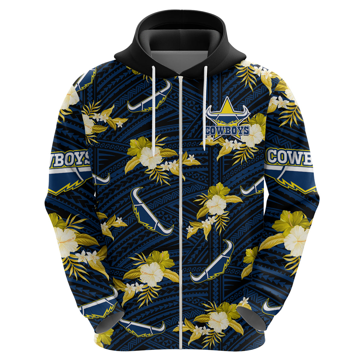 (Custom Text And Number) Cowboys Rugby Hoodie Polynesian Tribal Mix Tropical Hawaiian Blue Style - Vibe Hoodie Shop