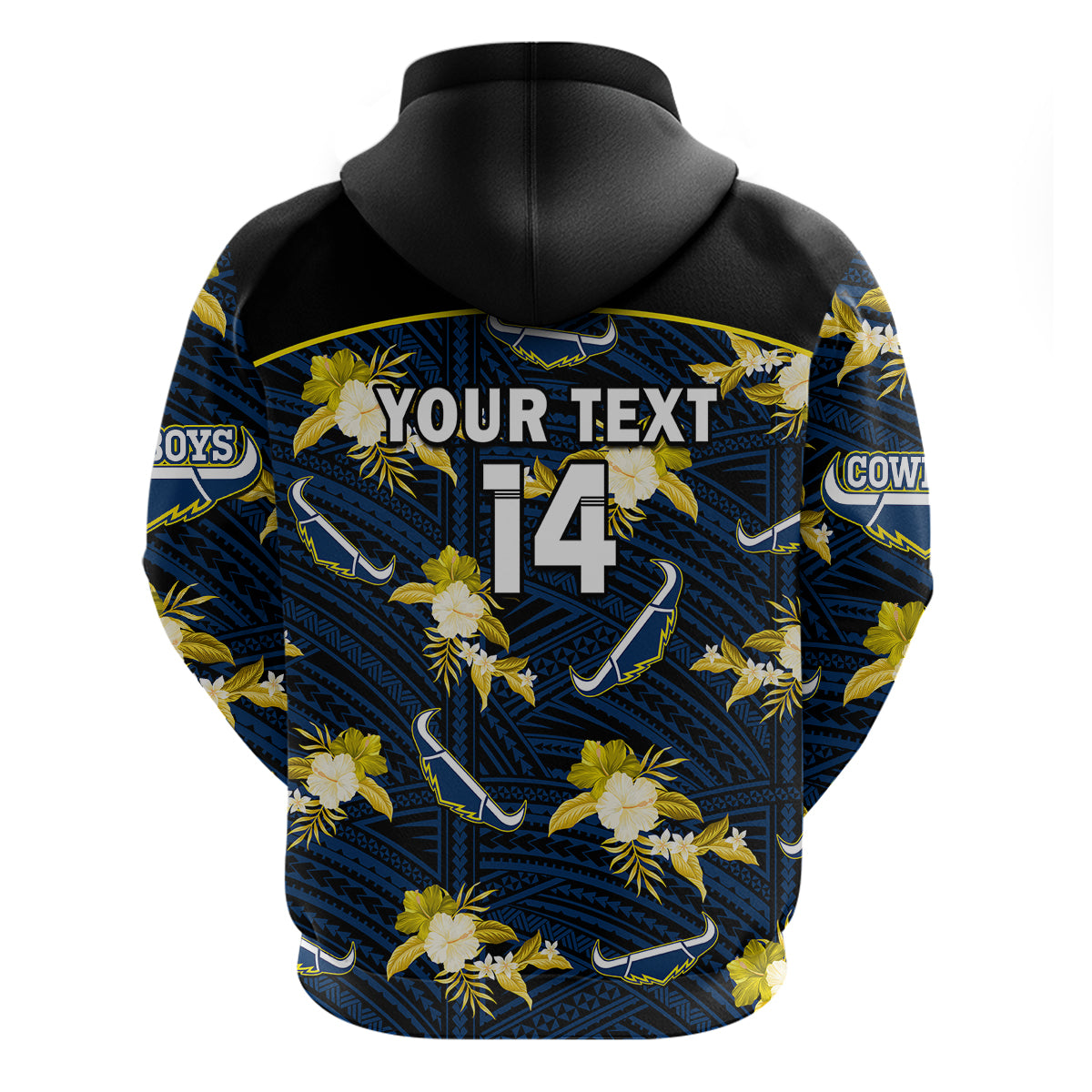 (Custom Text And Number) Cowboys Rugby Hoodie Polynesian Tribal Mix Tropical Hawaiian Blue Style - Vibe Hoodie Shop