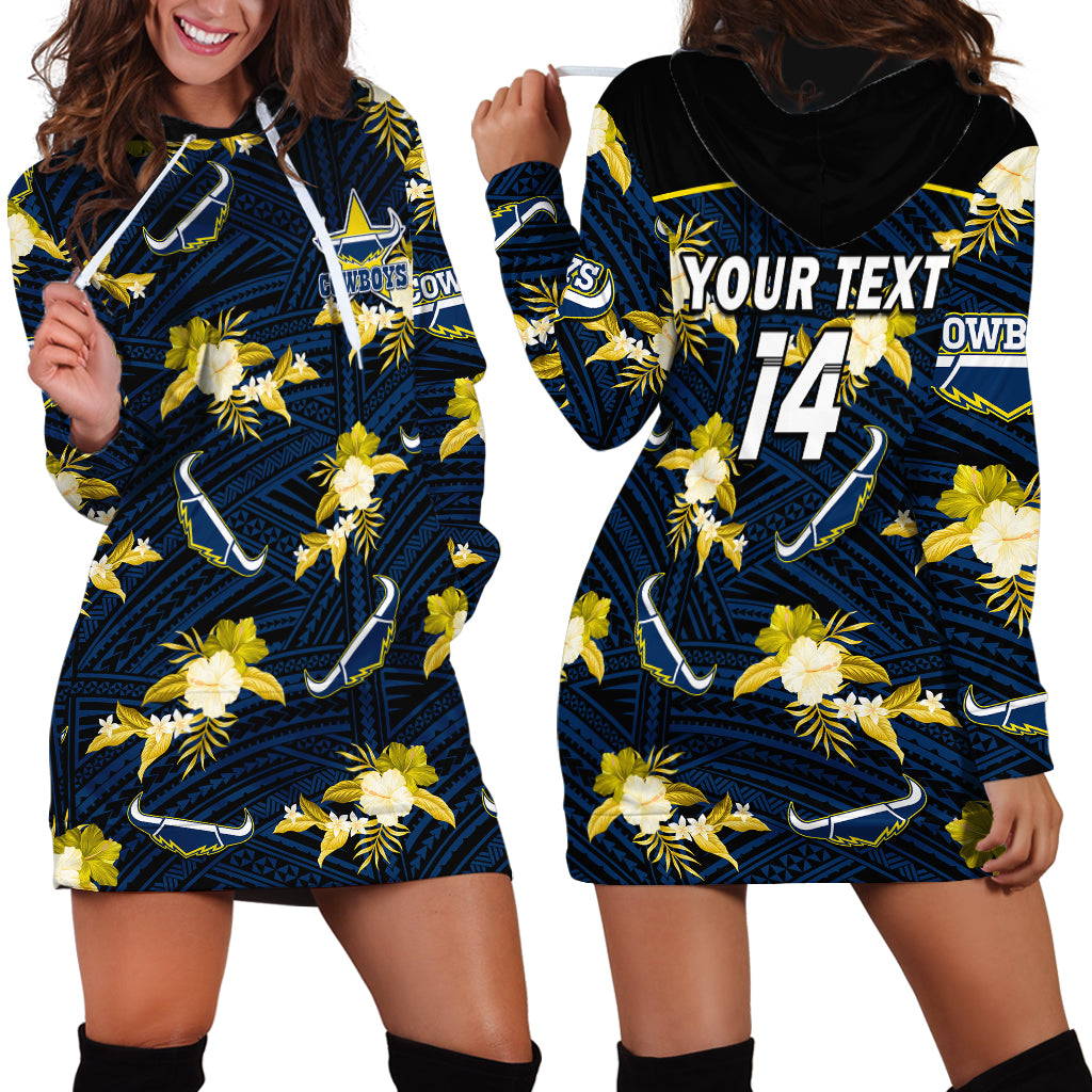 (Custom Text And Number) Cowboys Rugby Hoodie Dress Polynesian Tribal Mix Tropical Hawaiian Blue Style - Vibe Hoodie Shop