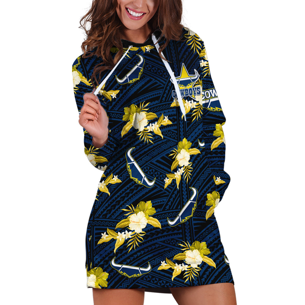 (Custom Text And Number) Cowboys Rugby Hoodie Dress Polynesian Tribal Mix Tropical Hawaiian Blue Style - Vibe Hoodie Shop