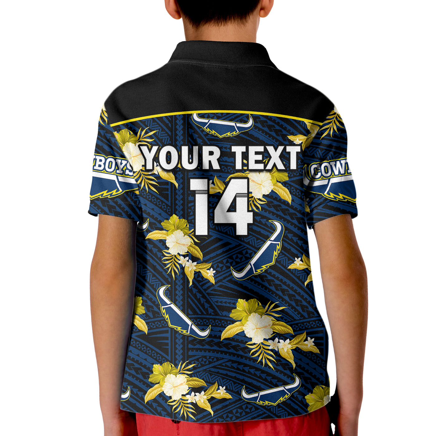 (Custom Text And Number) Cowboys Rugby Kid Polo Shirt Polynesian Tribal Mix Tropical Hawaiian Blue Style - Vibe Hoodie Shop