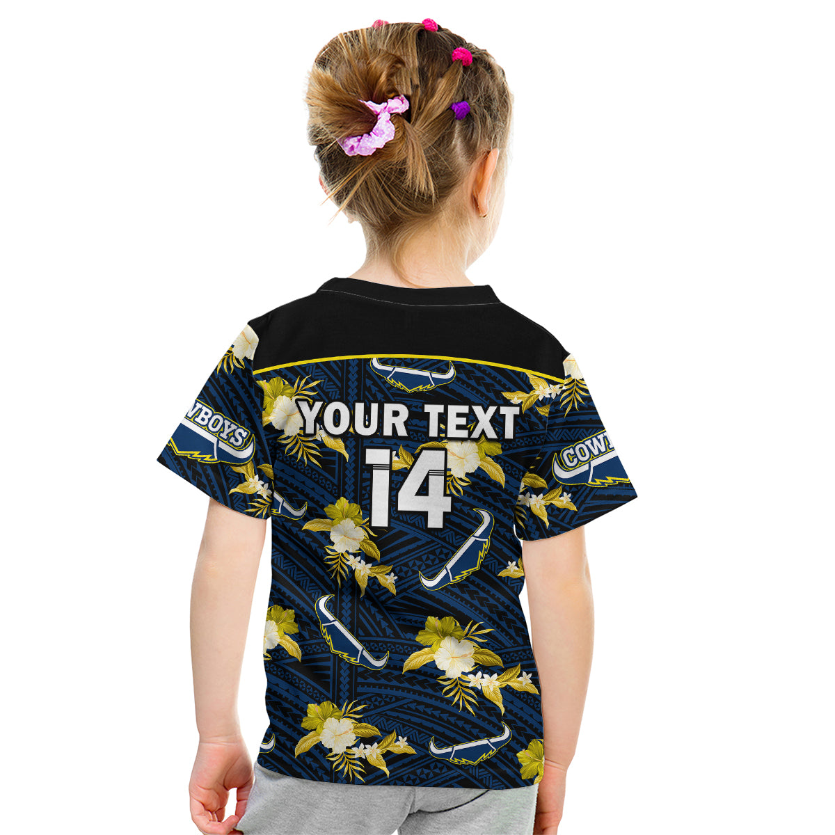 (Custom Text And Number) Cowboys Rugby Kid T Shirt Polynesian Tribal Mix Tropical Hawaiian Blue Style - Vibe Hoodie Shop