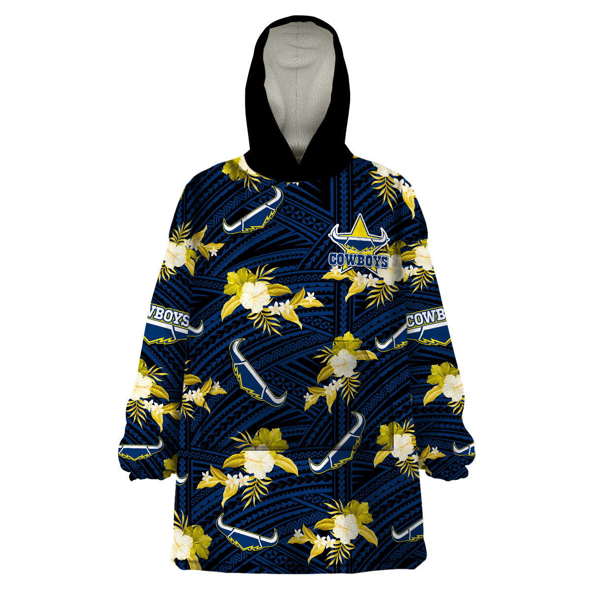 (Custom Text And Number) Cowboys Rugby Wearable Blanket Hoodie Polynesian Tribal Mix Tropical Hawaiian Blue Style - Vibe Hoodie Shop