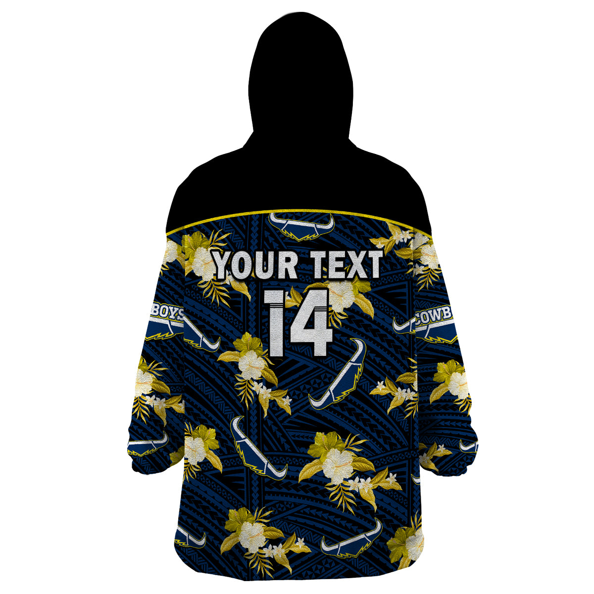 (Custom Text And Number) Cowboys Rugby Wearable Blanket Hoodie Polynesian Tribal Mix Tropical Hawaiian Blue Style - Vibe Hoodie Shop