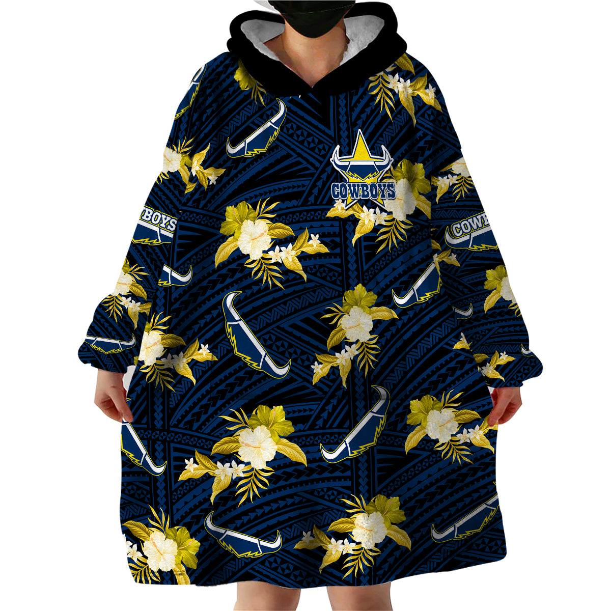 (Custom Text And Number) Cowboys Rugby Wearable Blanket Hoodie Polynesian Tribal Mix Tropical Hawaiian Blue Style - Vibe Hoodie Shop