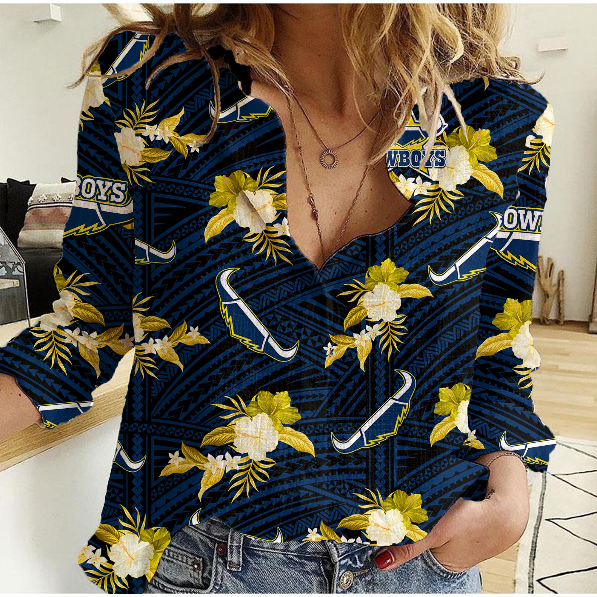 (Custom Text And Number) Cowboys Rugby Women Casual Shirt Polynesian Tribal Mix Tropical Hawaiian Blue Style - Vibe Hoodie Shop