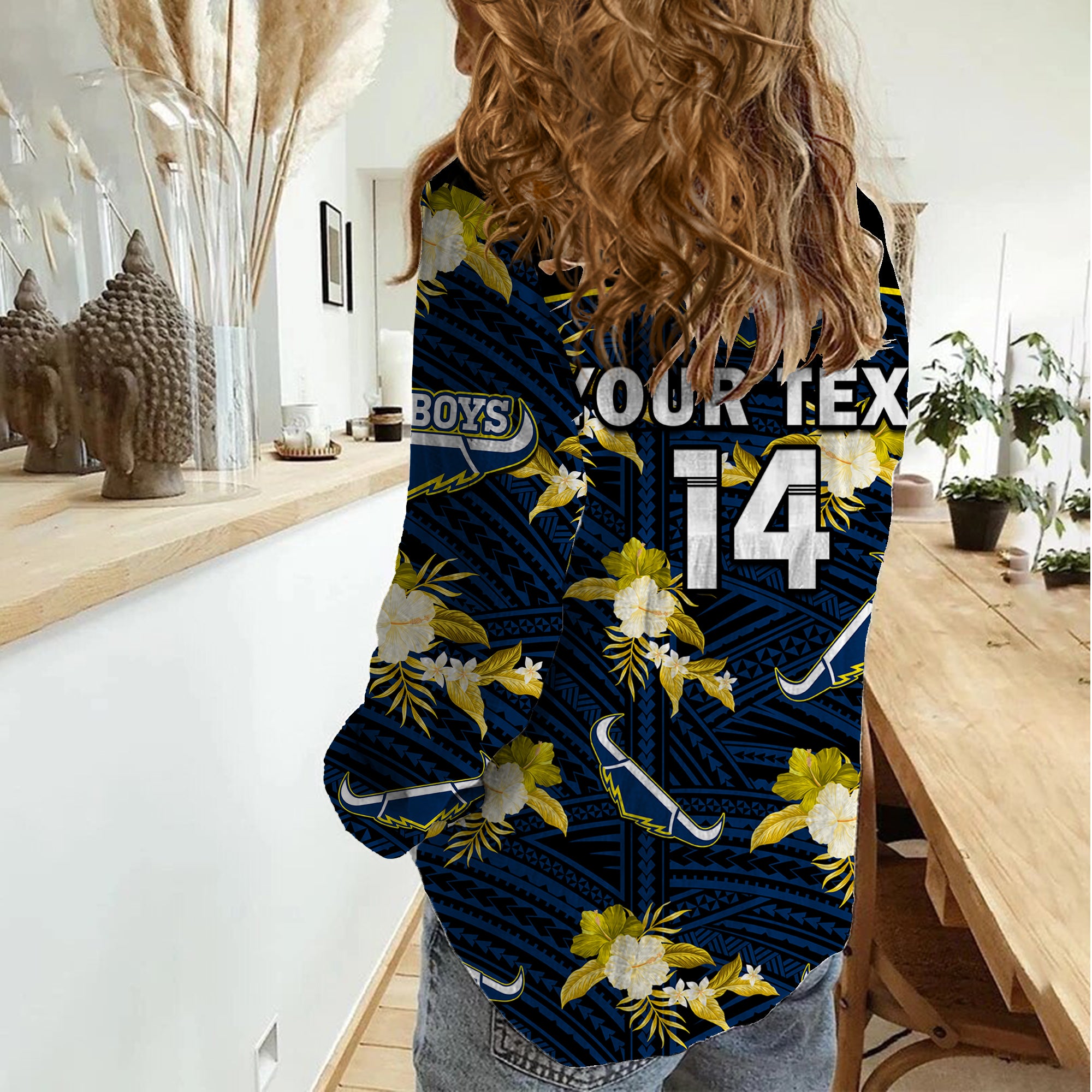 (Custom Text And Number) Cowboys Rugby Women Casual Shirt Polynesian Tribal Mix Tropical Hawaiian Blue Style - Vibe Hoodie Shop