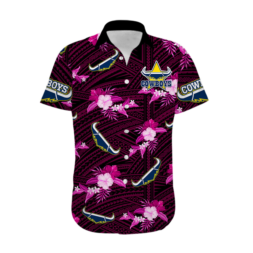 (Custom Text And Number) Cowboys Rugby Hawaiian Shirt Polynesian Tribal Mix Tropical Hawaiian Pink Style - Vibe Hoodie Shop