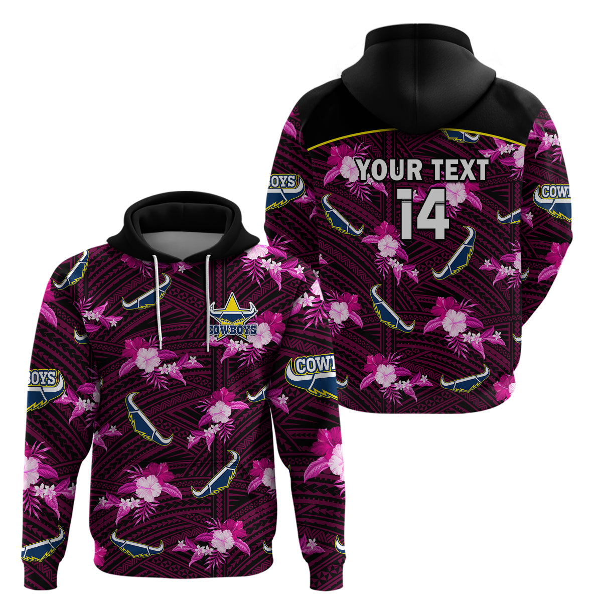 (Custom Text And Number) Cowboys Rugby Hoodie Polynesian Tribal Mix Tropical Hawaiian Pink Style - Vibe Hoodie Shop