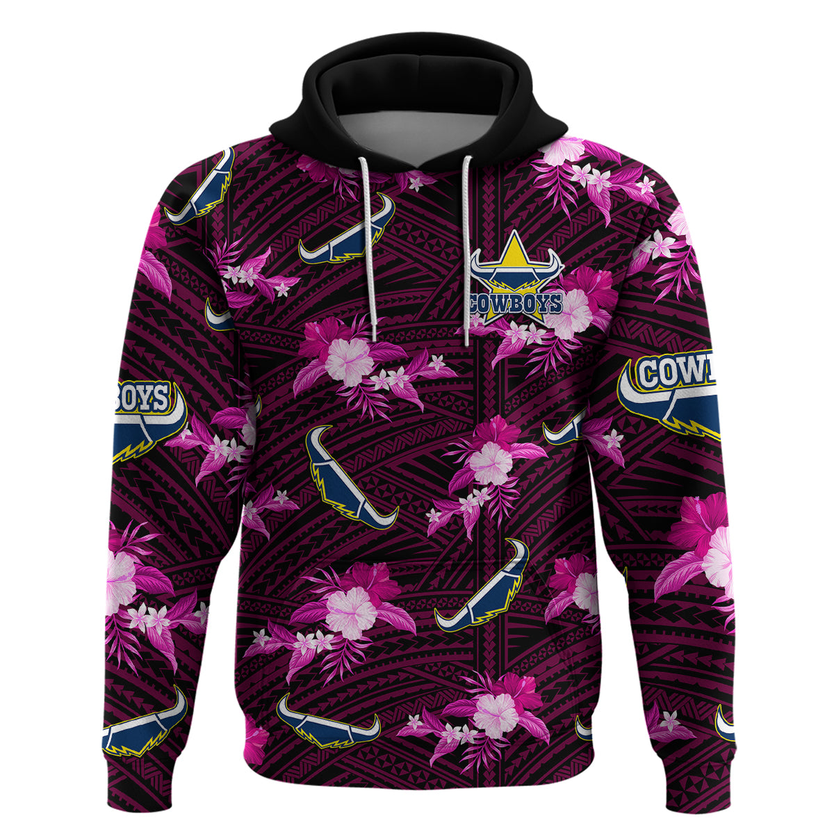 (Custom Text And Number) Cowboys Rugby Hoodie Polynesian Tribal Mix Tropical Hawaiian Pink Style - Vibe Hoodie Shop