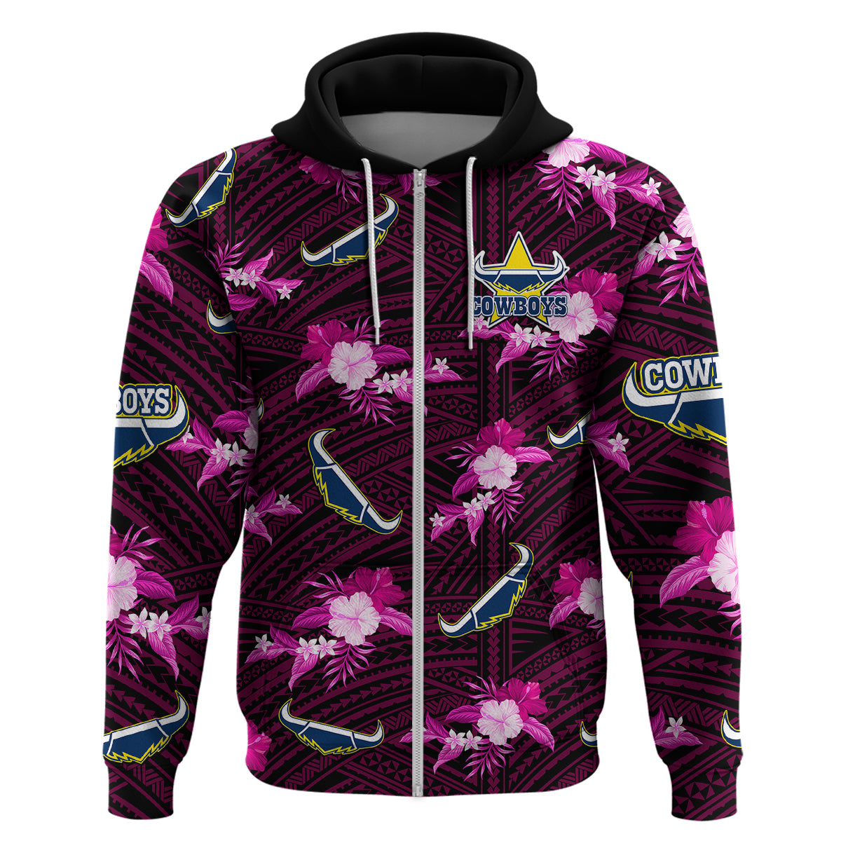 (Custom Text And Number) Cowboys Rugby Hoodie Polynesian Tribal Mix Tropical Hawaiian Pink Style - Vibe Hoodie Shop