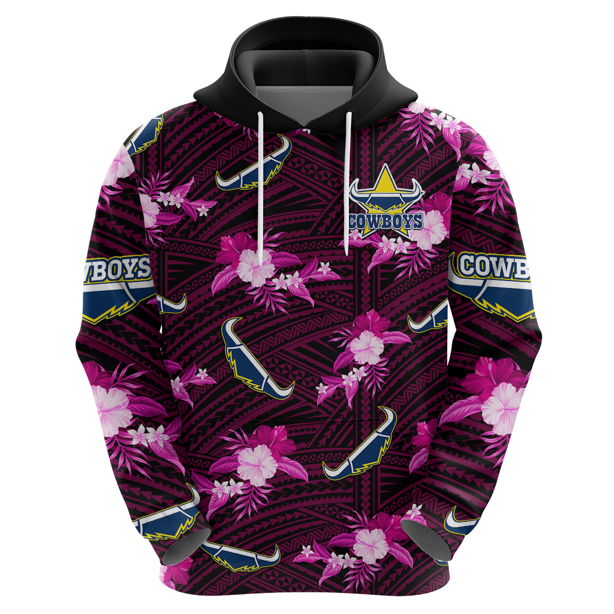 (Custom Text And Number) Cowboys Rugby Hoodie Polynesian Tribal Mix Tropical Hawaiian Pink Style - Vibe Hoodie Shop