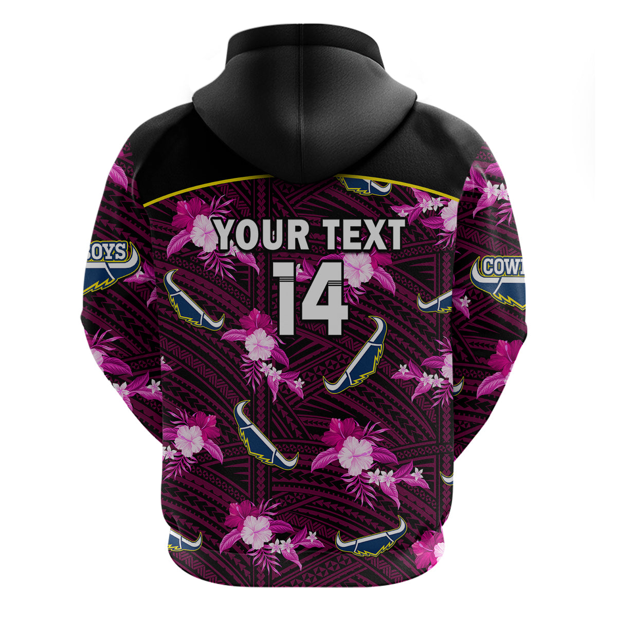 (Custom Text And Number) Cowboys Rugby Hoodie Polynesian Tribal Mix Tropical Hawaiian Pink Style - Vibe Hoodie Shop