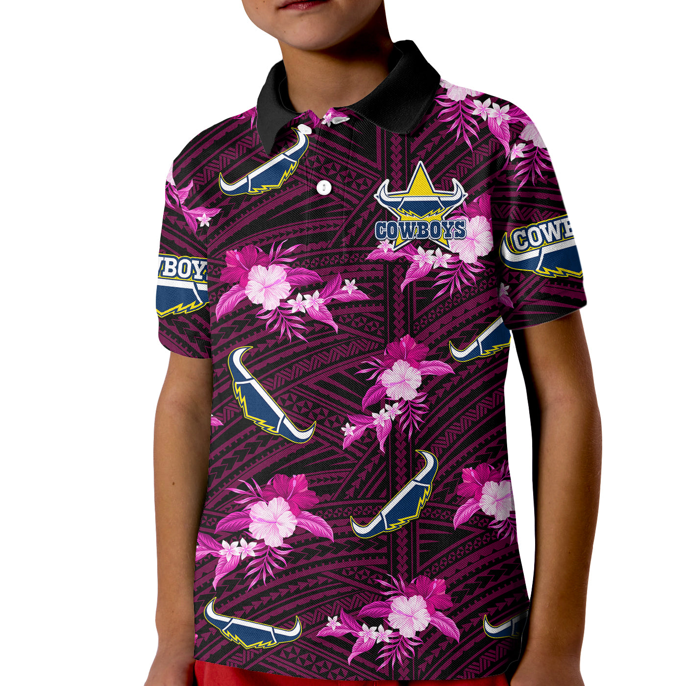 (Custom Text And Number) Cowboys Rugby Kid Polo Shirt Polynesian Tribal Mix Tropical Hawaiian Pink Style - Vibe Hoodie Shop