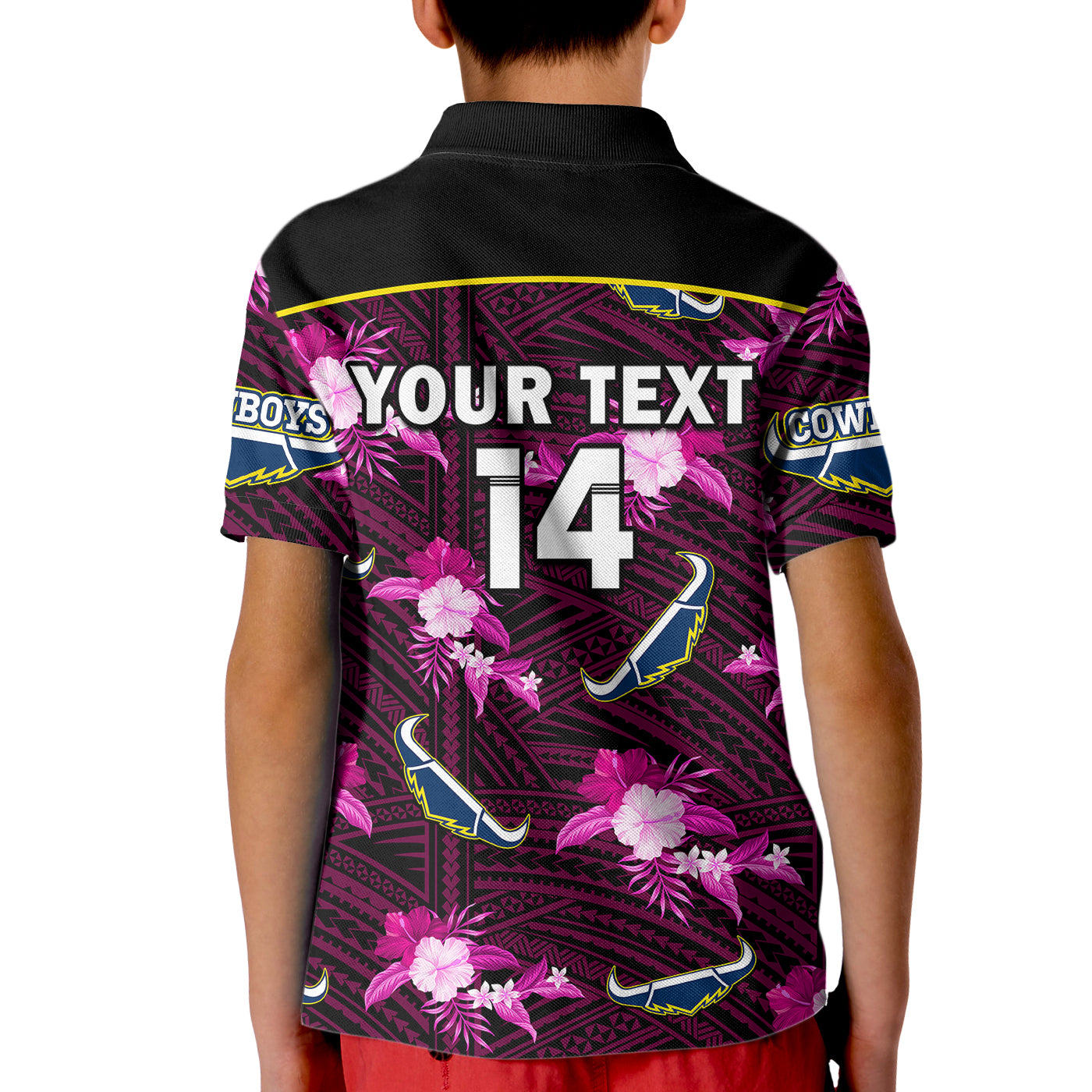 (Custom Text And Number) Cowboys Rugby Kid Polo Shirt Polynesian Tribal Mix Tropical Hawaiian Pink Style - Vibe Hoodie Shop