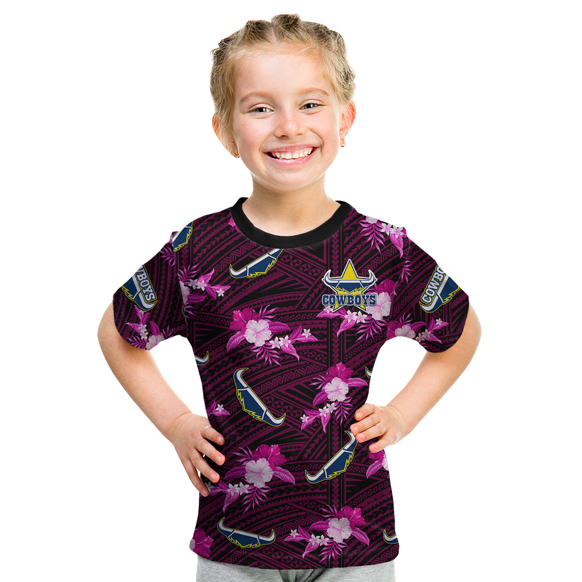 (Custom Text And Number) Cowboys Rugby Kid T Shirt Polynesian Tribal Mix Tropical Hawaiian Pink Style - Vibe Hoodie Shop