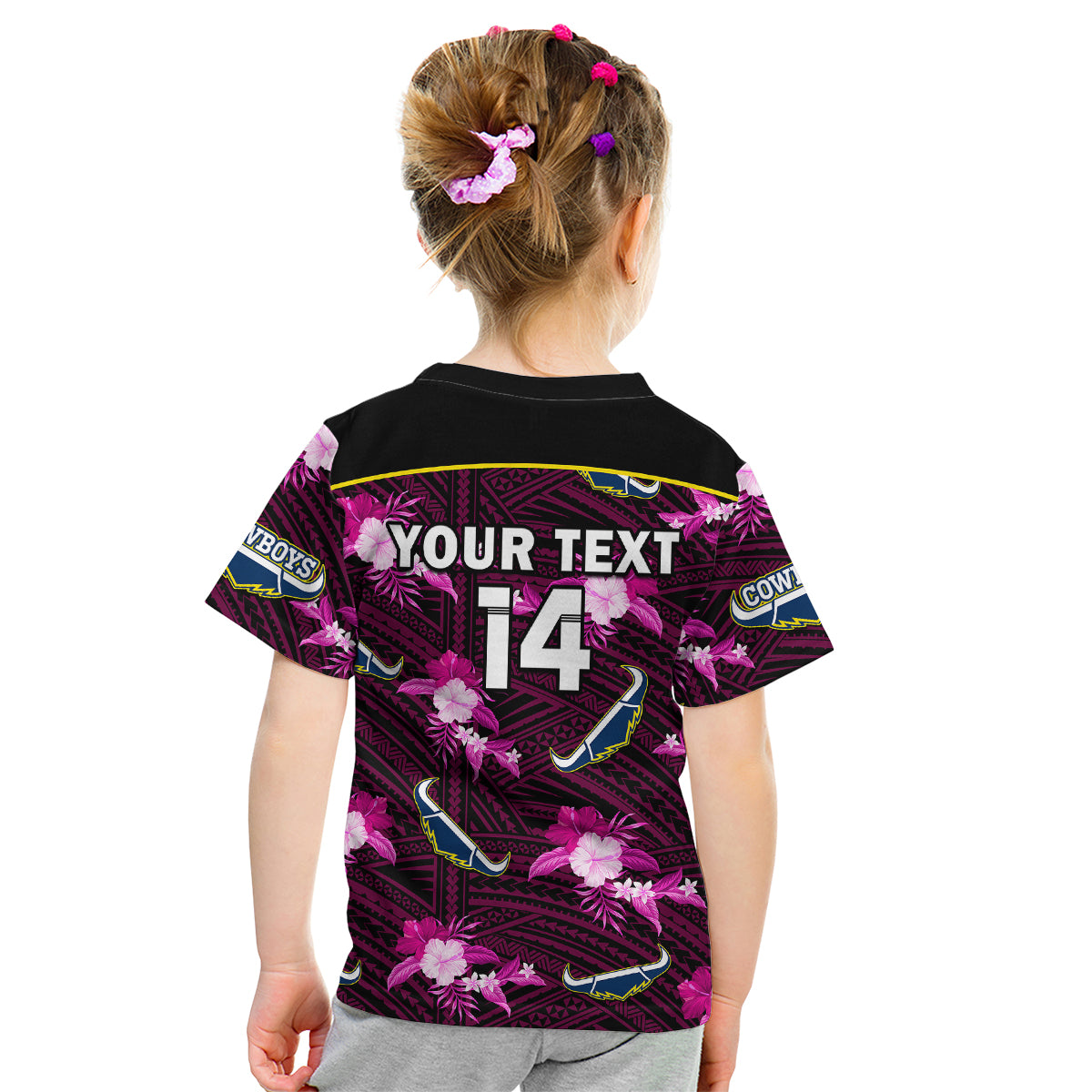 (Custom Text And Number) Cowboys Rugby Kid T Shirt Polynesian Tribal Mix Tropical Hawaiian Pink Style - Vibe Hoodie Shop