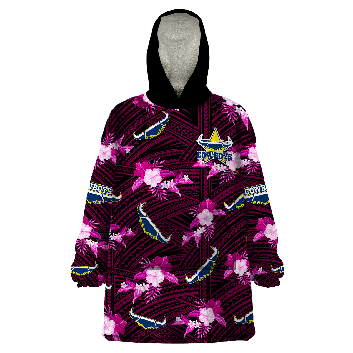 (Custom Text And Number) Cowboys Rugby Wearable Blanket Hoodie Polynesian Tribal Mix Tropical Hawaiian Pink Style - Vibe Hoodie Shop