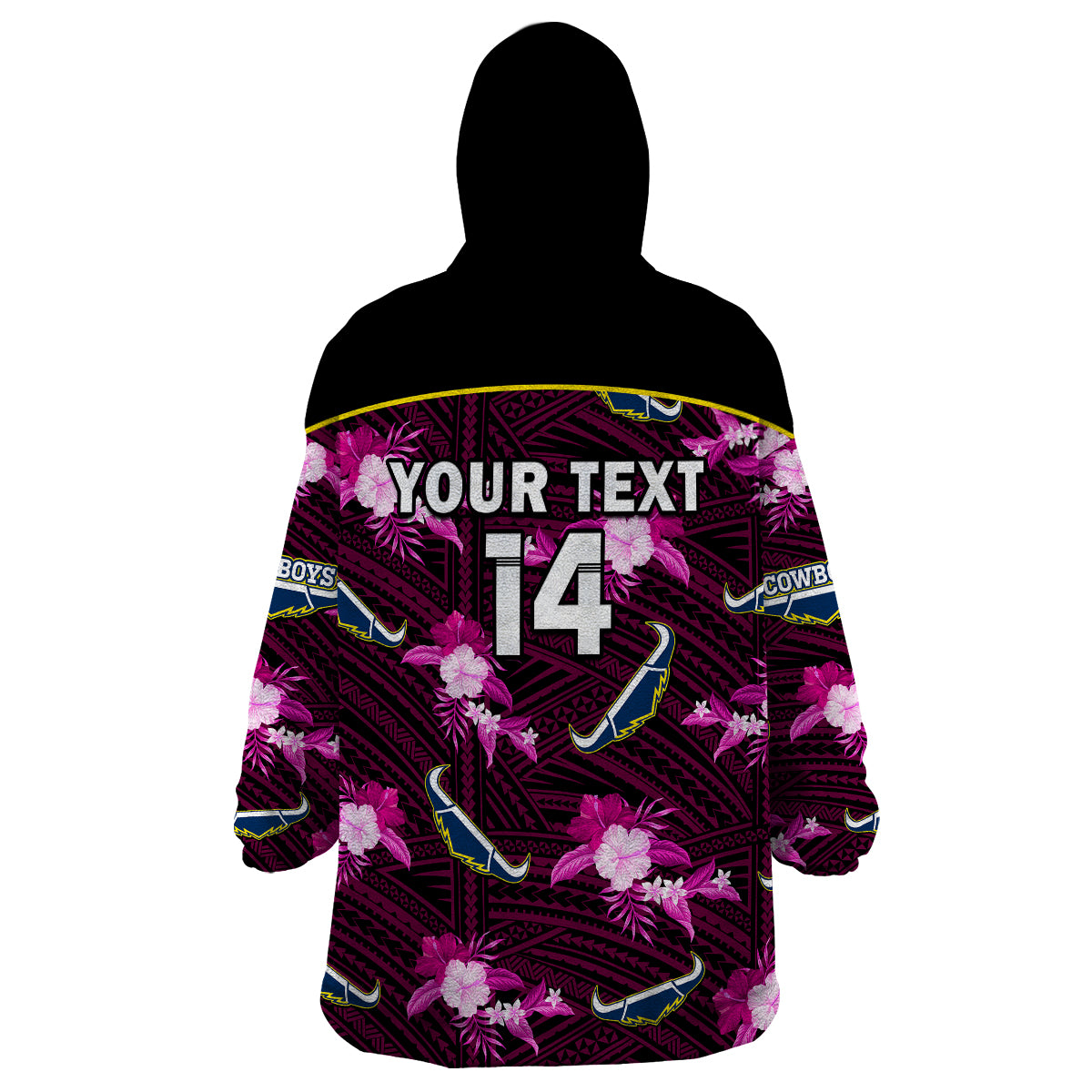 (Custom Text And Number) Cowboys Rugby Wearable Blanket Hoodie Polynesian Tribal Mix Tropical Hawaiian Pink Style - Vibe Hoodie Shop