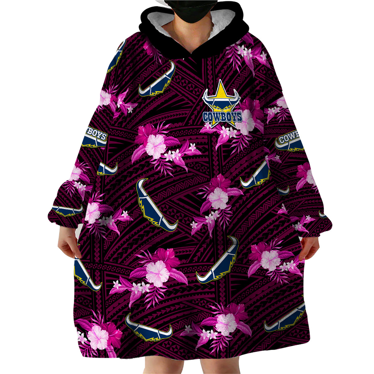 (Custom Text And Number) Cowboys Rugby Wearable Blanket Hoodie Polynesian Tribal Mix Tropical Hawaiian Pink Style - Vibe Hoodie Shop