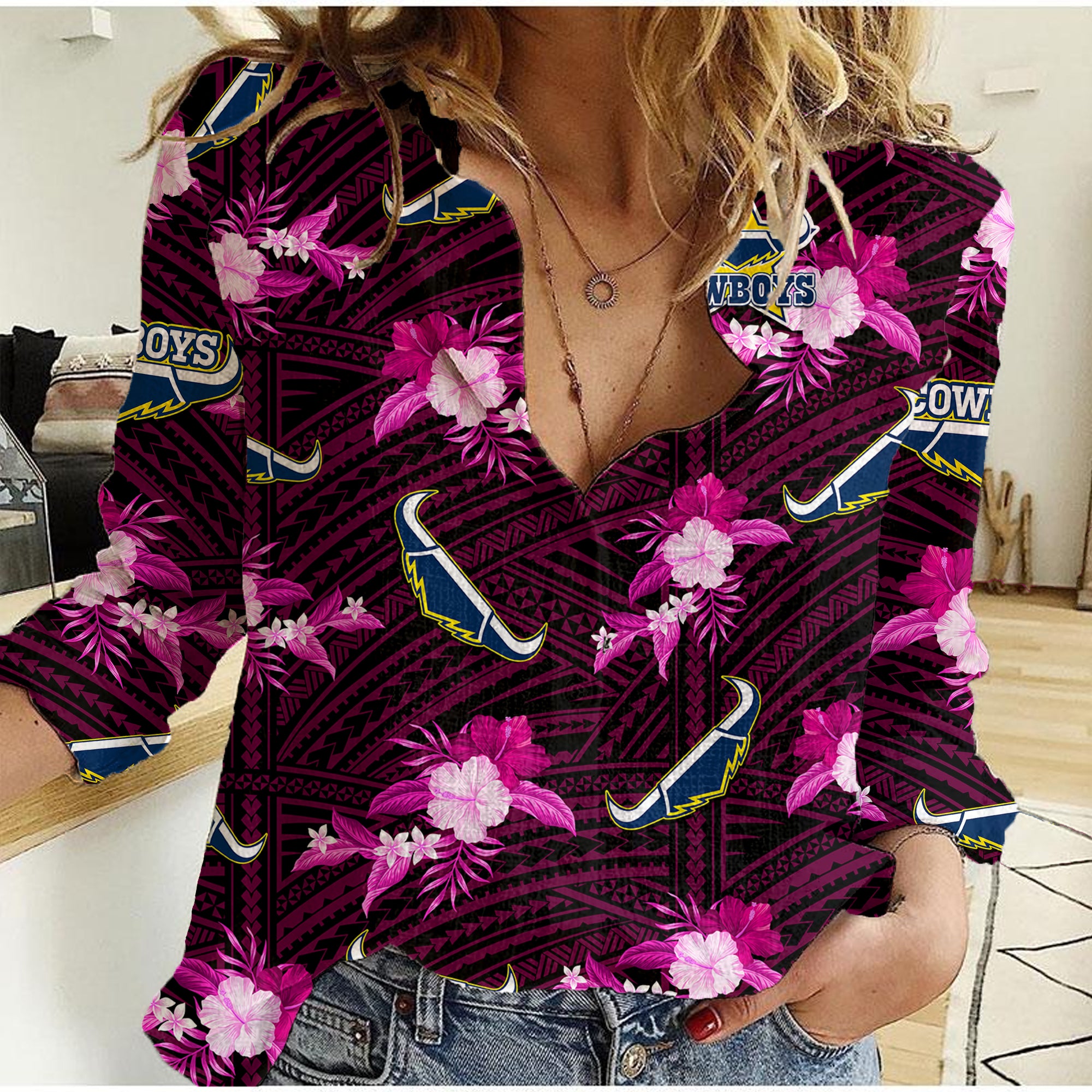 (Custom Text And Number) Cowboys Rugby Women Casual Shirt Polynesian Tribal Mix Tropical Hawaiian Pink Style - Vibe Hoodie Shop