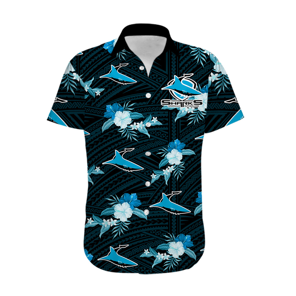 (Custom Text And Number) Sharks Rugby Hawaiian Shirt Polynesian Tribal Mix Tropical Hawaiian Style - Vibe Hoodie Shop