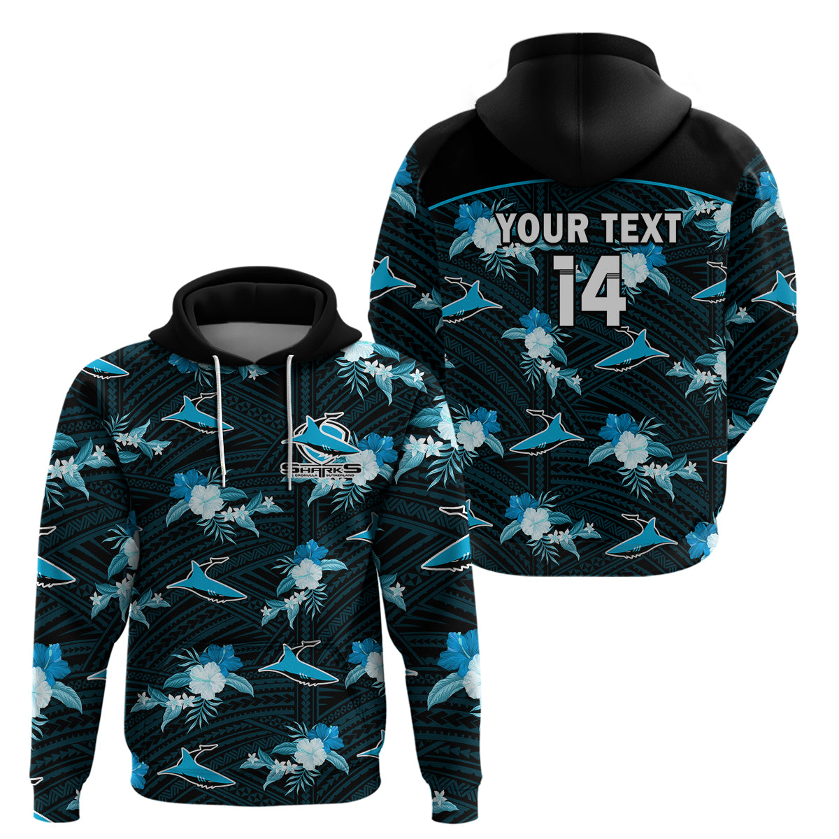 (Custom Text And Number) Sharks Rugby Hoodie Polynesian Tribal Mix Tropical Hawaiian Style - Vibe Hoodie Shop