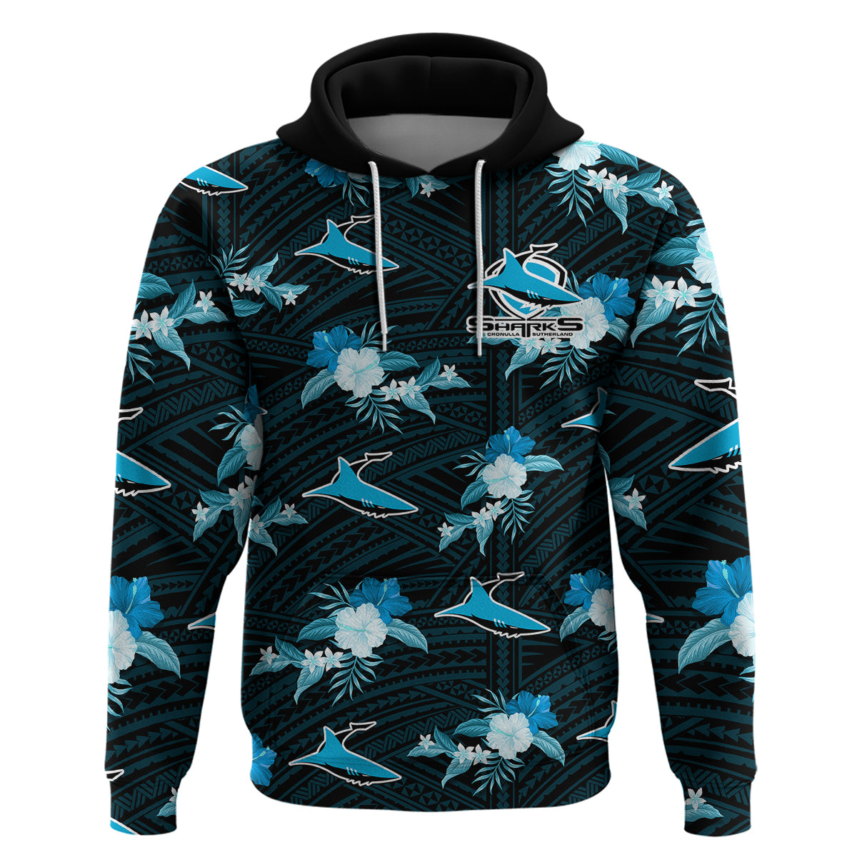 (Custom Text And Number) Sharks Rugby Hoodie Polynesian Tribal Mix Tropical Hawaiian Style - Vibe Hoodie Shop
