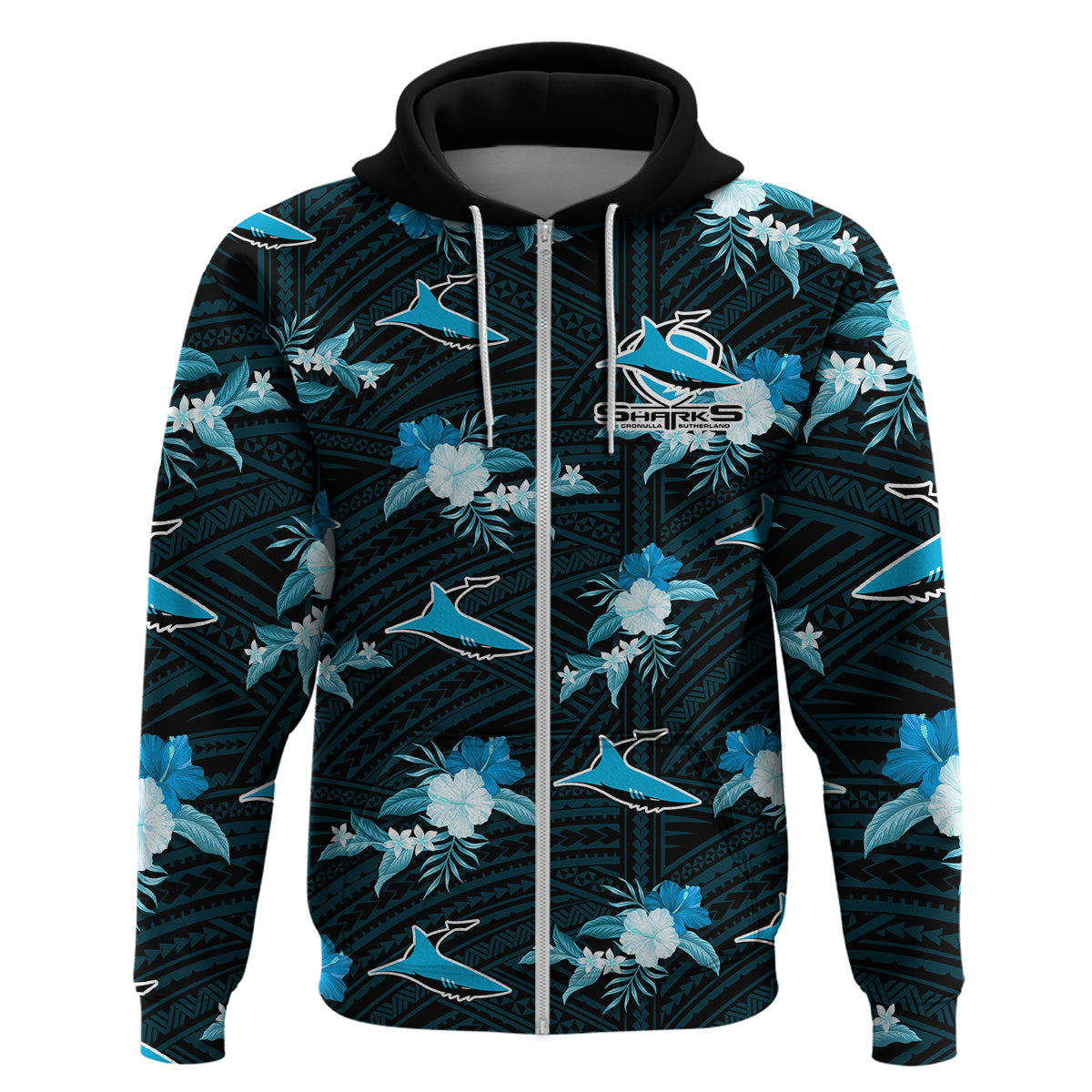 (Custom Text And Number) Sharks Rugby Hoodie Polynesian Tribal Mix Tropical Hawaiian Style - Vibe Hoodie Shop