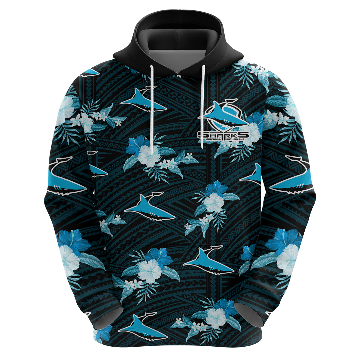 (Custom Text And Number) Sharks Rugby Hoodie Polynesian Tribal Mix Tropical Hawaiian Style - Vibe Hoodie Shop