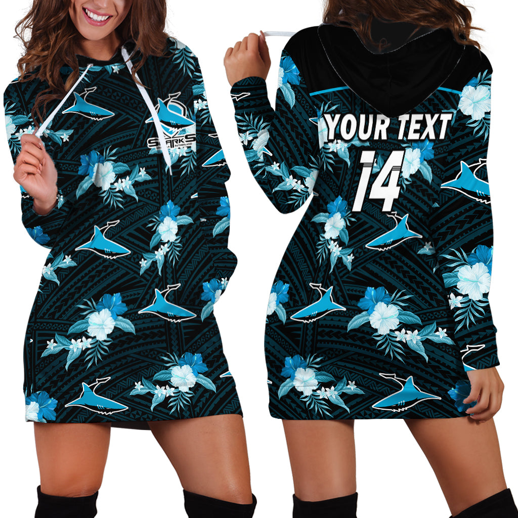 (Custom Text And Number) Sharks Rugby Hoodie Dress Polynesian Tribal Mix Tropical Hawaiian Style - Vibe Hoodie Shop