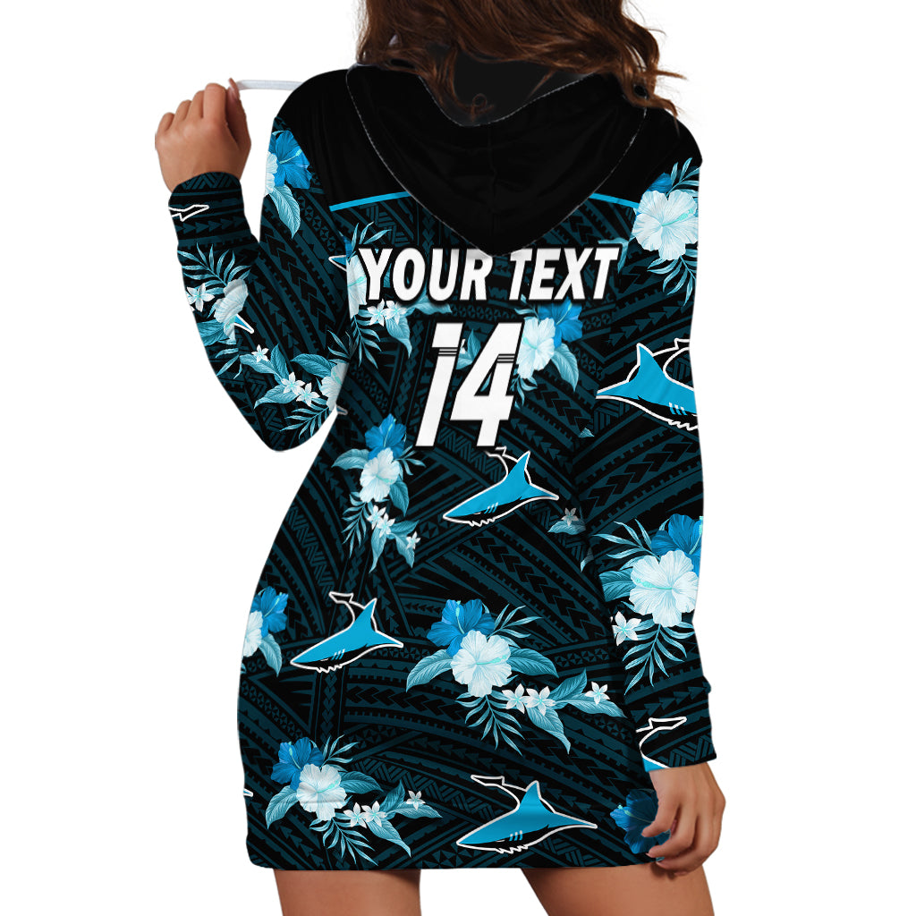 (Custom Text And Number) Sharks Rugby Hoodie Dress Polynesian Tribal Mix Tropical Hawaiian Style - Vibe Hoodie Shop