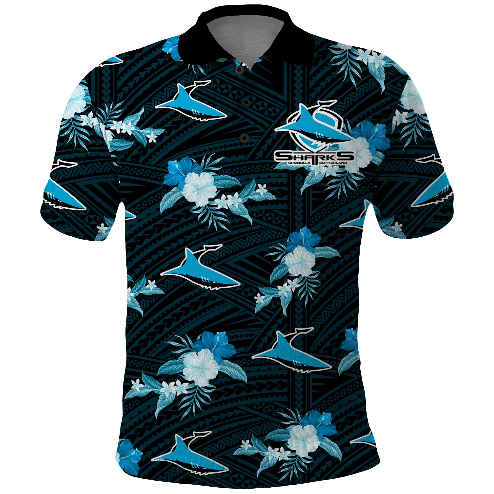 (Custom Text And Number) Sharks Rugby Polo Shirt Polynesian Tribal Mix Tropical Hawaiian Style - Vibe Hoodie Shop