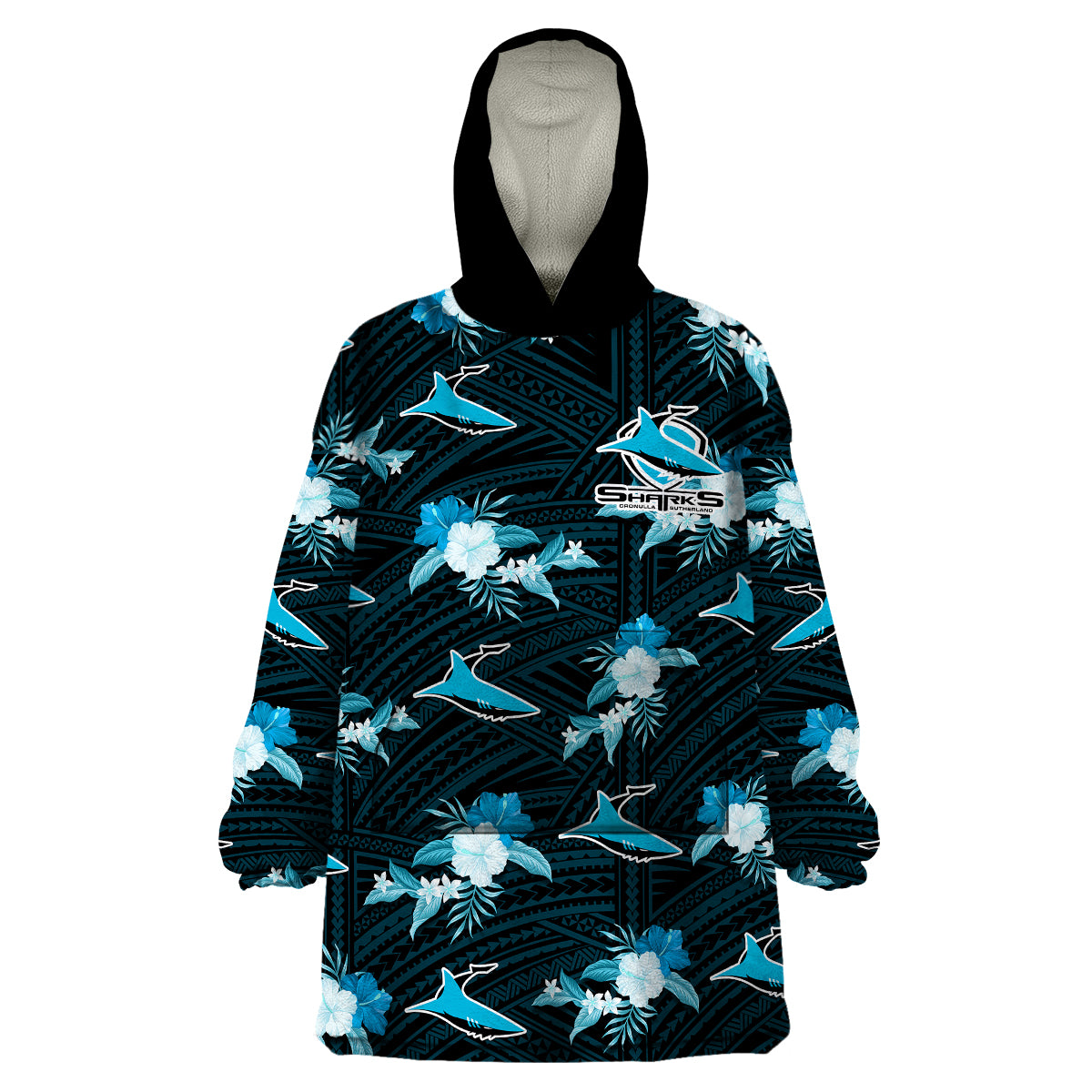 (Custom Text And Number) Sharks Rugby Wearable Blanket Hoodie Polynesian Tribal Mix Tropical Hawaiian Style - Vibe Hoodie Shop