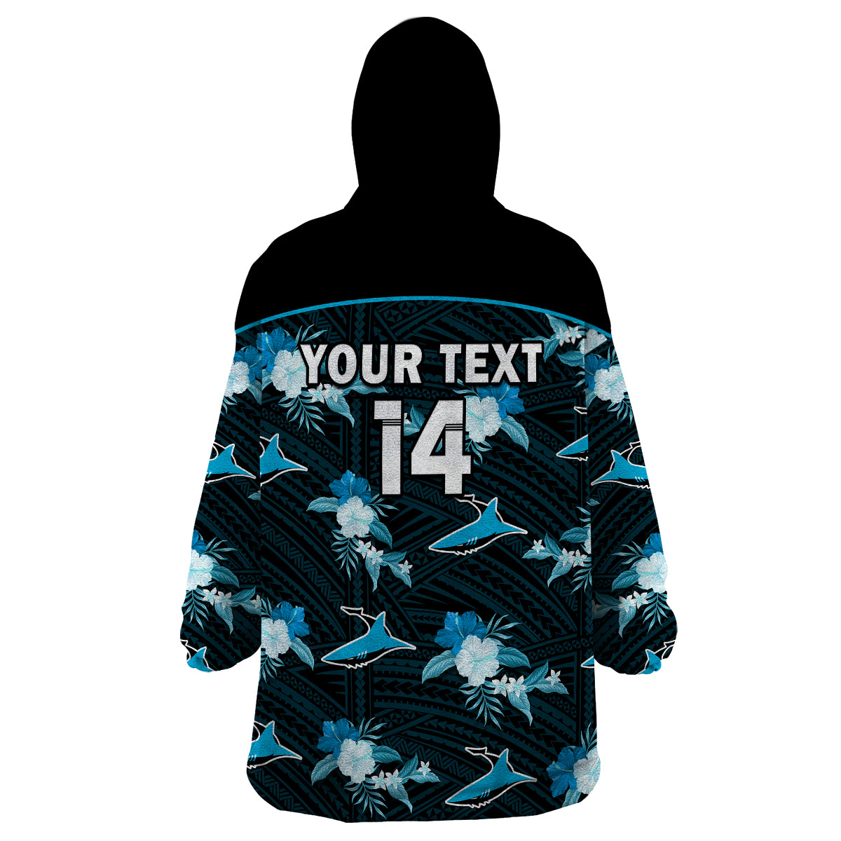 (Custom Text And Number) Sharks Rugby Wearable Blanket Hoodie Polynesian Tribal Mix Tropical Hawaiian Style - Vibe Hoodie Shop