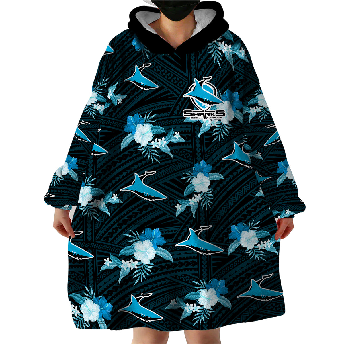 (Custom Text And Number) Sharks Rugby Wearable Blanket Hoodie Polynesian Tribal Mix Tropical Hawaiian Style - Vibe Hoodie Shop