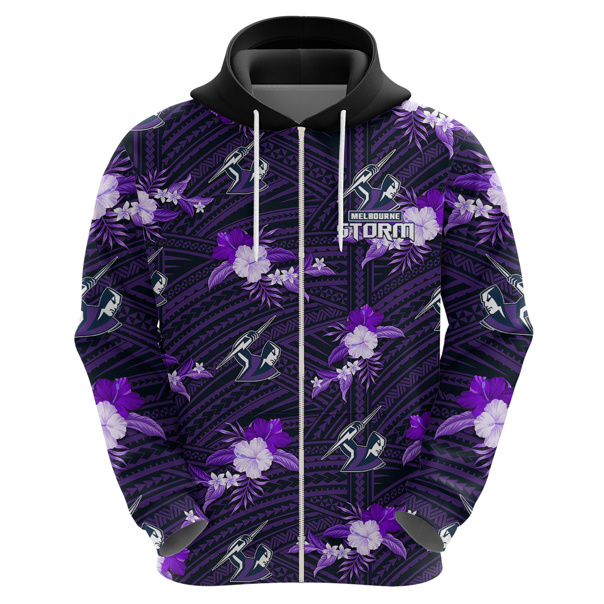 (Custom Text And Number) Storm Rugby Hoodie Polynesian Tribal Mix Tropical Hawaiian Style - Vibe Hoodie Shop