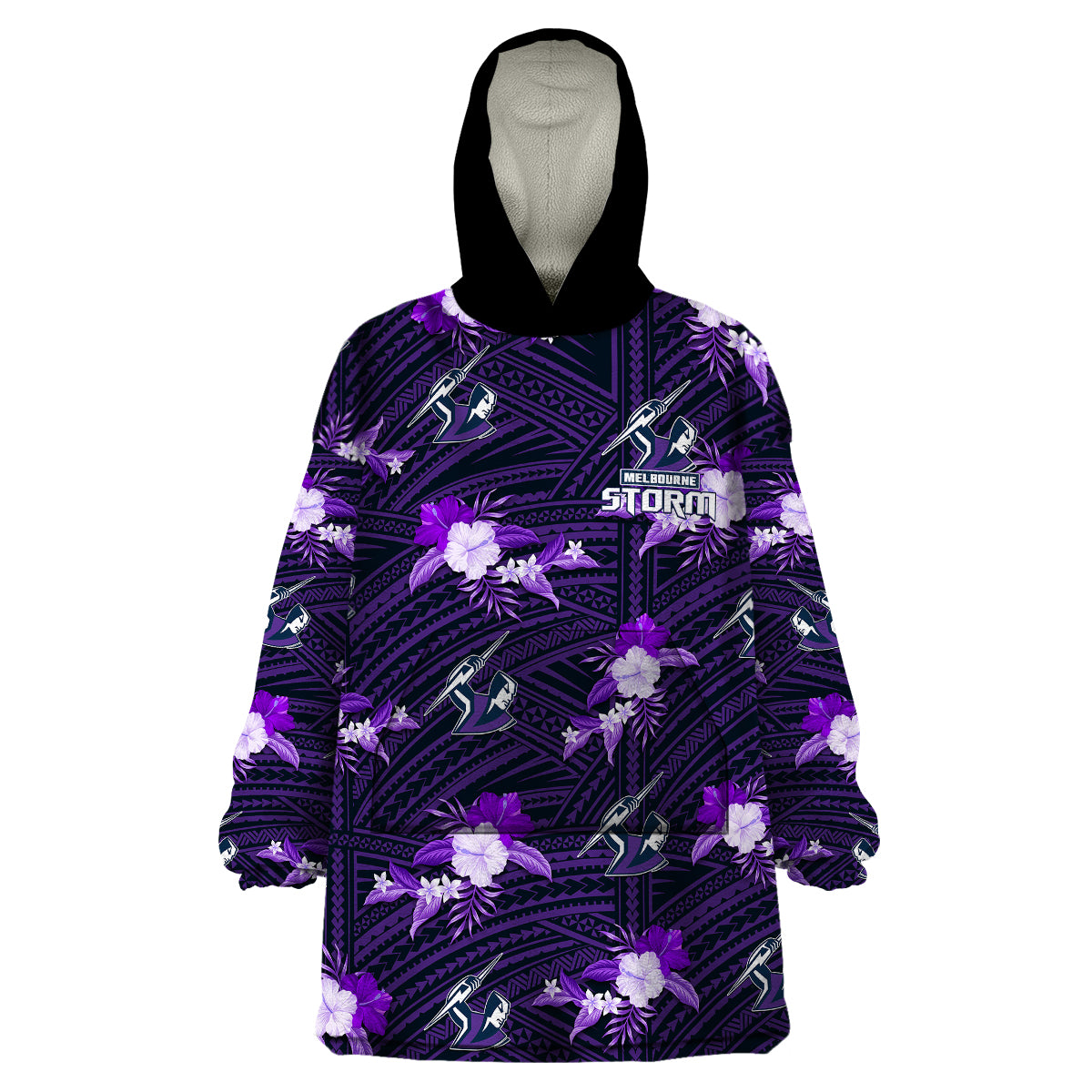 (Custom Text And Number) Storm Rugby Wearable Blanket Hoodie Polynesian Tribal Mix Tropical Hawaiian Style - Vibe Hoodie Shop