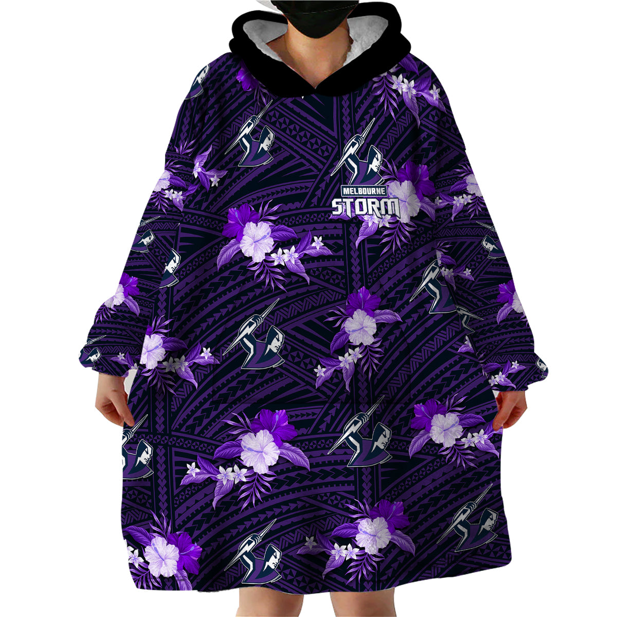 (Custom Text And Number) Storm Rugby Wearable Blanket Hoodie Polynesian Tribal Mix Tropical Hawaiian Style - Vibe Hoodie Shop