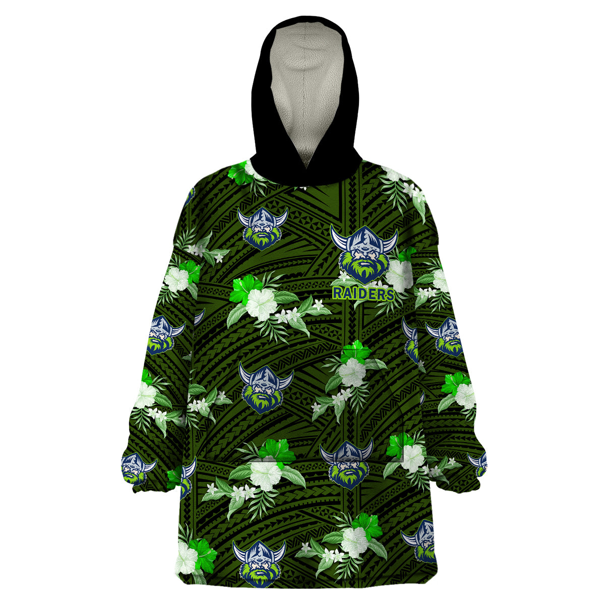 (Custom Text And Number) Raiders Rugby Wearable Blanket Hoodie Polynesian Tribal Mix Tropical Hawaiian Style - Vibe Hoodie Shop