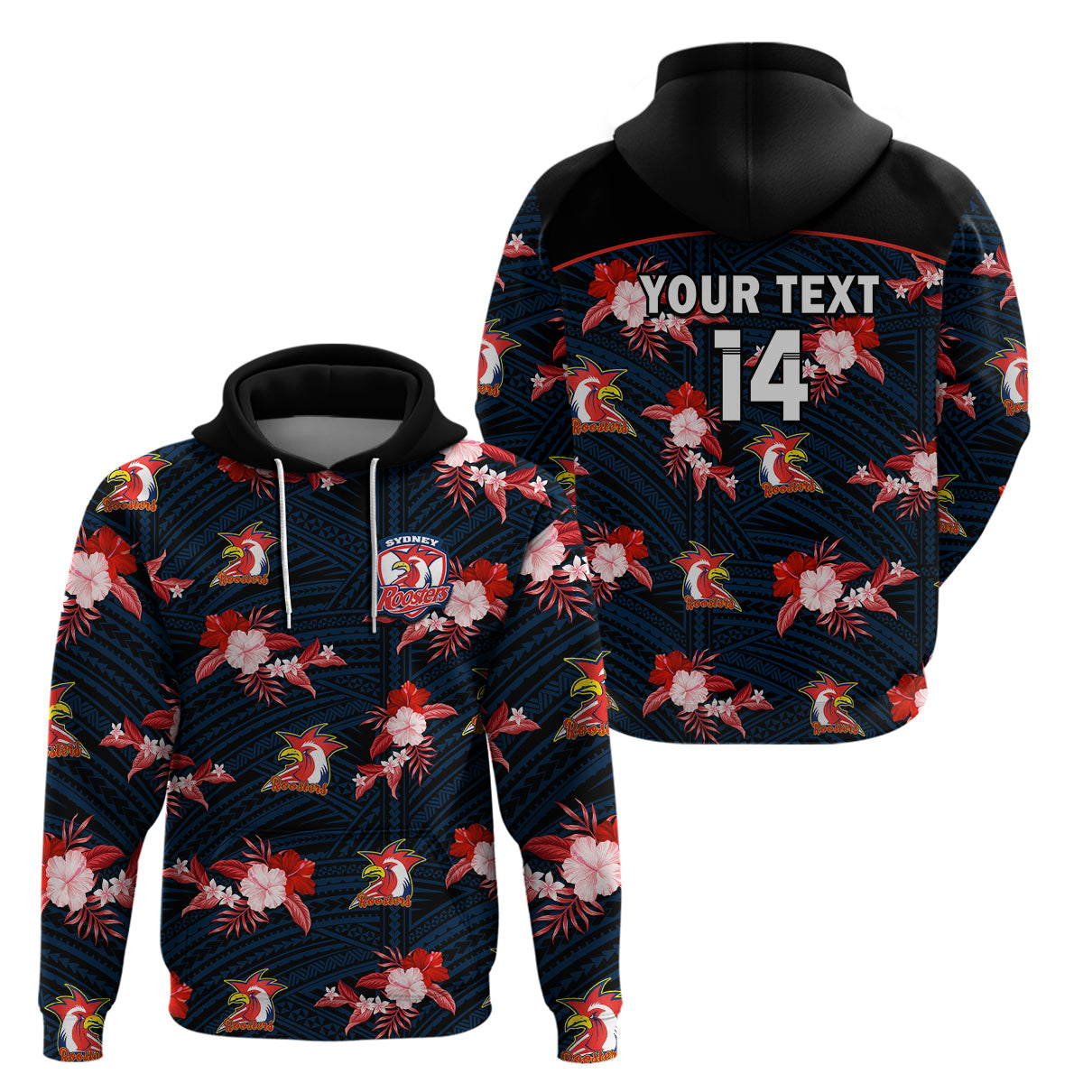 (Custom Text And Number) Roosters Rugby Hoodie Polynesian Tribal Mix Tropical Hawaiian Style - Vibe Hoodie Shop