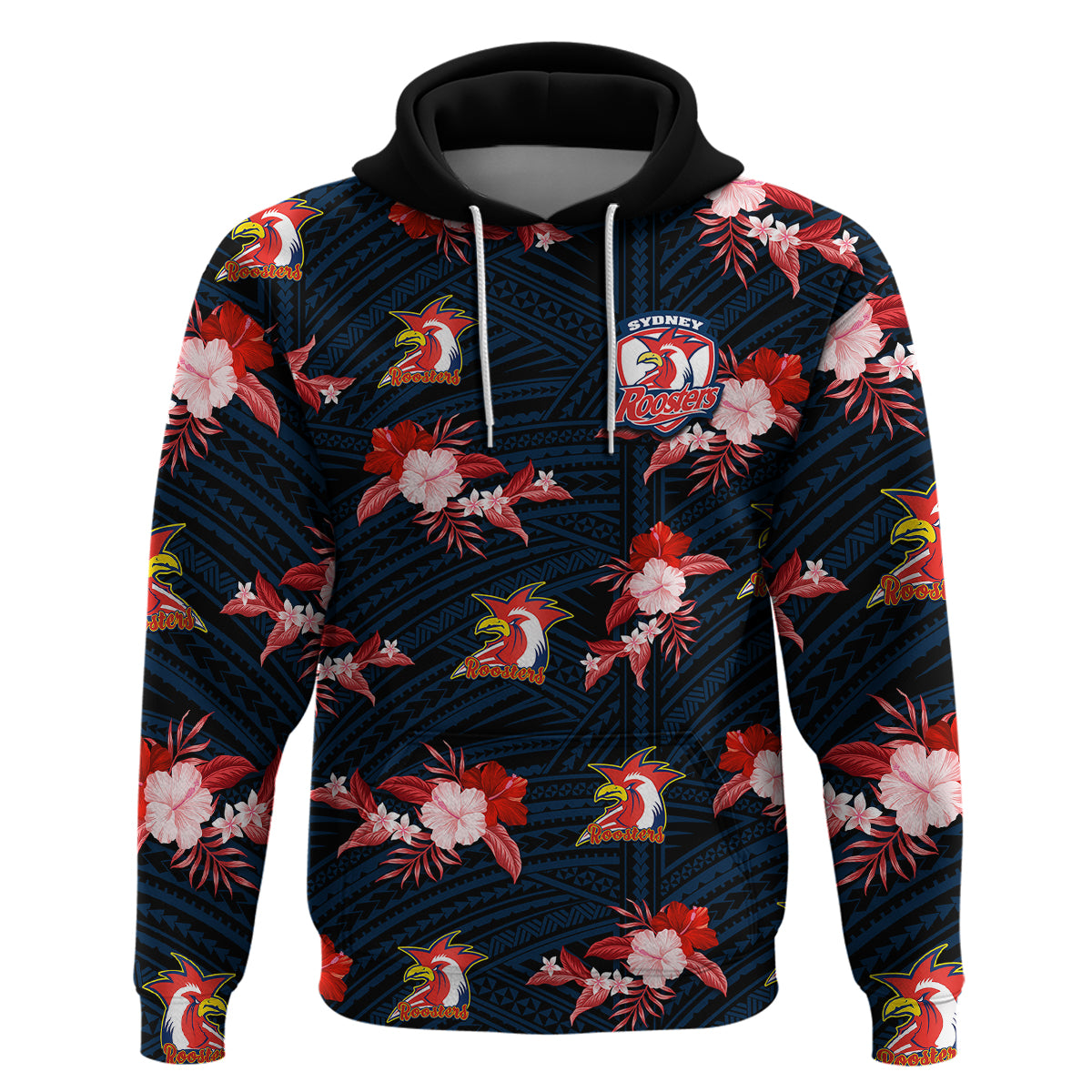 (Custom Text And Number) Roosters Rugby Hoodie Polynesian Tribal Mix Tropical Hawaiian Style - Vibe Hoodie Shop