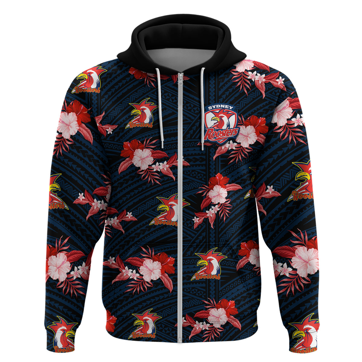 (Custom Text And Number) Roosters Rugby Hoodie Polynesian Tribal Mix Tropical Hawaiian Style - Vibe Hoodie Shop
